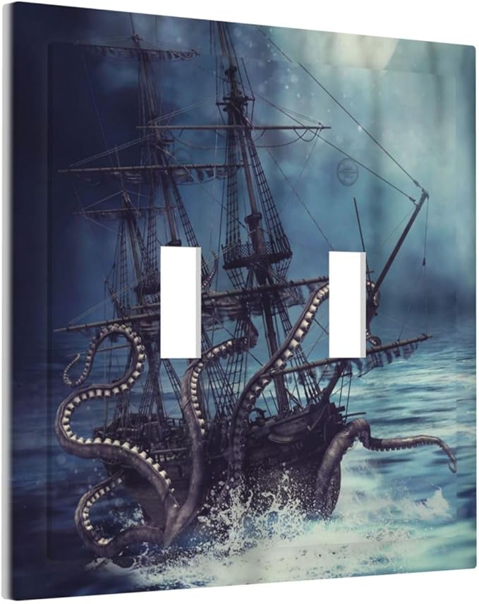 Octopus Ocean Kraken Nautical Pirate Ship Double Toggle Light Switch Covers Decorative Unique 2 Gang Wall Plate Dual Electrical Faceplate Switchplate for Kitchen Bathroom Living Room Decor