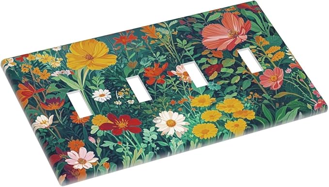 Decorative Switch Plate Cover with Wildflowers & Stars Botanical Floral Art Design 4 Gang Artistic Wall Plate Unique Quad Toggle Light Switch Covers for Garden Theme Wall Decor
