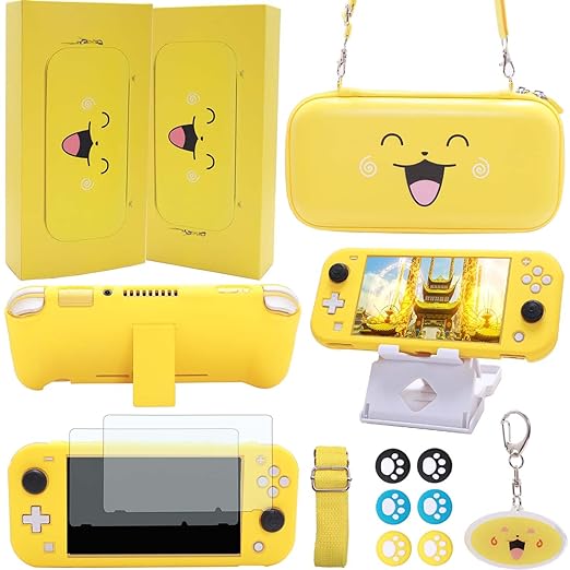 GUTIAL Accessories Bundle for Nintendo Switch Lite - Cute Kawaii NS Lite Accessories kit for Grils Boys Kids with Carrying Case, Cartoon Cover Case, Screen Protector, Stand - Yellow