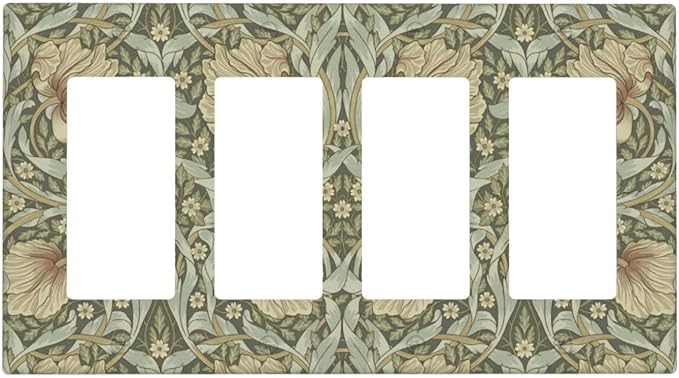 William Morris Pimpernel Flowers 4 Gang Light Switch Cover Vintage Floral Green Botanical Quad Rocker Switchplates Wall Plate Decorative Electrical Faceplate for Country Bedroom Kitchen Décor