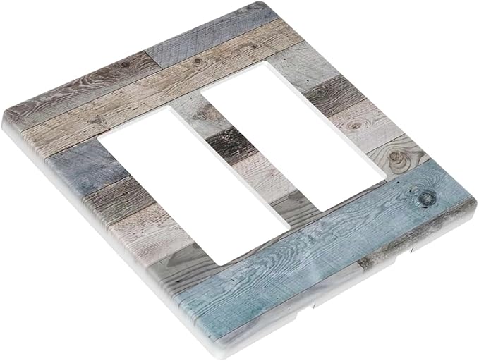 Old Retro Rustic Vintage Barn Door 2 Gang Screwless Double GFCI Decorator/Rocker Outlet Light Switch Wall Plate Cover Teal Blue Grey Wood Wooden Country Decorative Dual Device Receptacle Faceplate