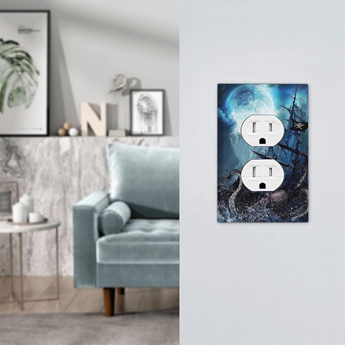 Moon Ocean Nautical Octopus 1 Gang Outlet Plate Covers Decorative Single Duplex Wall Plate Electrical Receptacle Light Switch Cover Electric Switchplate Country Decor