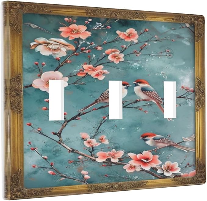 Decorative Art Light Switch Covers Birds on Branches 3 Gang Triple Toggle Wall Plate Decorative Switch plate Electrical Faceplate for Home Decor