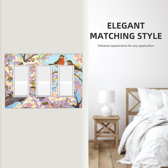 Bird Flower Triple Rocker Wall Plate Decorative 3 Gang Light Switch Covers Electrical Switchplate Home Decorate Faceplat for Bathroom Bedroom Kitchen Room 4.5 x 6.38 Inch