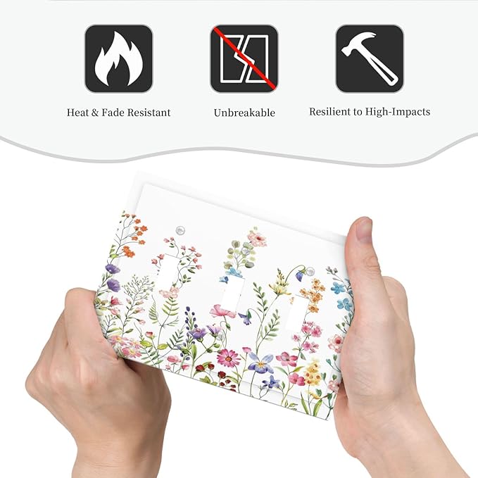 Boho Watercolor Wildflowers Floral Plants Flower Decorative Switch Plates 3 Gang Wall Plate Triple Toggle Light Switch Cover Faceplate Electrical Wall Panels for Bedroom Living Room Decor