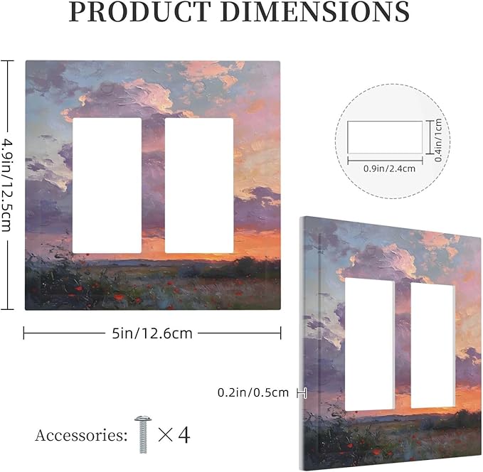 Abstract Sunset Dusk Natural Scenery Wild Flowers Decorative Outlet Covers 2 Gang Double GFCI Rocker Electrical Wall Panels Light Switch Cover Plate for Farmhouse Bedroom Decor