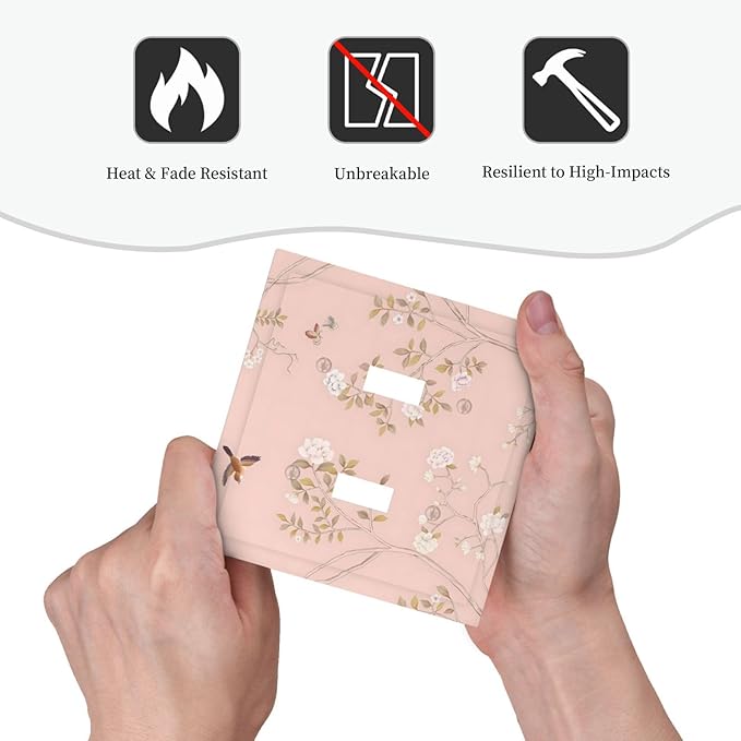 Pink Background Flowers Bird Butterflies Floral Decorative Switch Plates 2 Gang Double Toggle Outlet Light Switch Cover Wall Plate Electrical Faceplate for Bedroom Living Room Decor