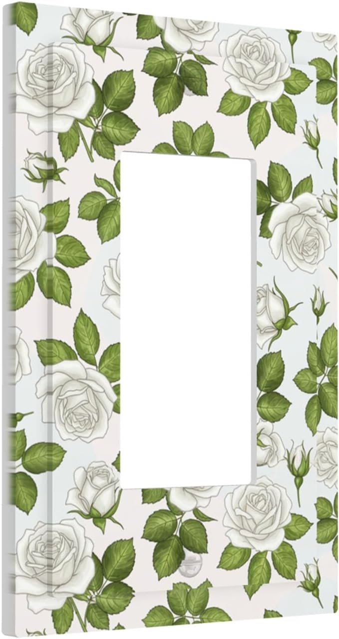 Elegant White Roses & Green Leaves Floral Single Rocker Switch Cover - 1-Gang Standard US Size Timeless Rose Garden Light Switch Covers for Bathroom Bedroom Vanity Decor