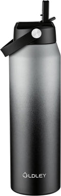 Oldley 32oz Insulated Water Bottle with Straw, Stainless Steel Water Bottle for Sports, Travel, School, BPA-Free Sports Bottles for Adult Kids, Leak-Proof, Gray-Black