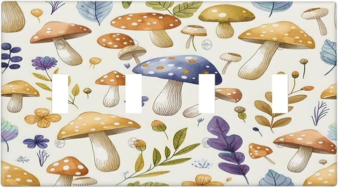Boho Watercolor Mushroom Flowers Leaf Colorful Floral Light Switch Covers Quad Toggle Electrical Faceplate 4 Gang Wall Plate Decorative Switch Plates Cover for Kids Room Nursery Decor