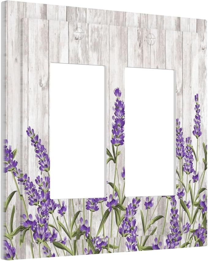 Purple Lavender Rustic Wooden Flowers Floral Plant Decorative Outlet Covers 2 Gang Double GFCI Rocker Electrical Wall Panels Light Switch Cover Plate for Farmhouse Living Room Decor