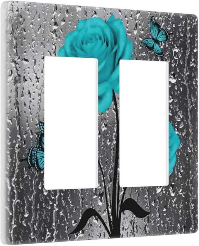 Aqua Blue Grey Raindrops Rose Floral 2 Gang Screwless Double GFCI Decorator/Rocker Outlet Light Switch Covers Woman Elegant Pretty Teal Flower Decorative Dual Device Receptacle Face Wall Plate Cover