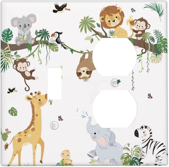 Jungle Animals Tree Branch Monkey Giraffe Lion Elephant Wallplates 1 Toggle 1 Duplex Switch Plate Electrical GFCI Faceplate Decorative Light Switch Covers for Kids Room Nursery Decor