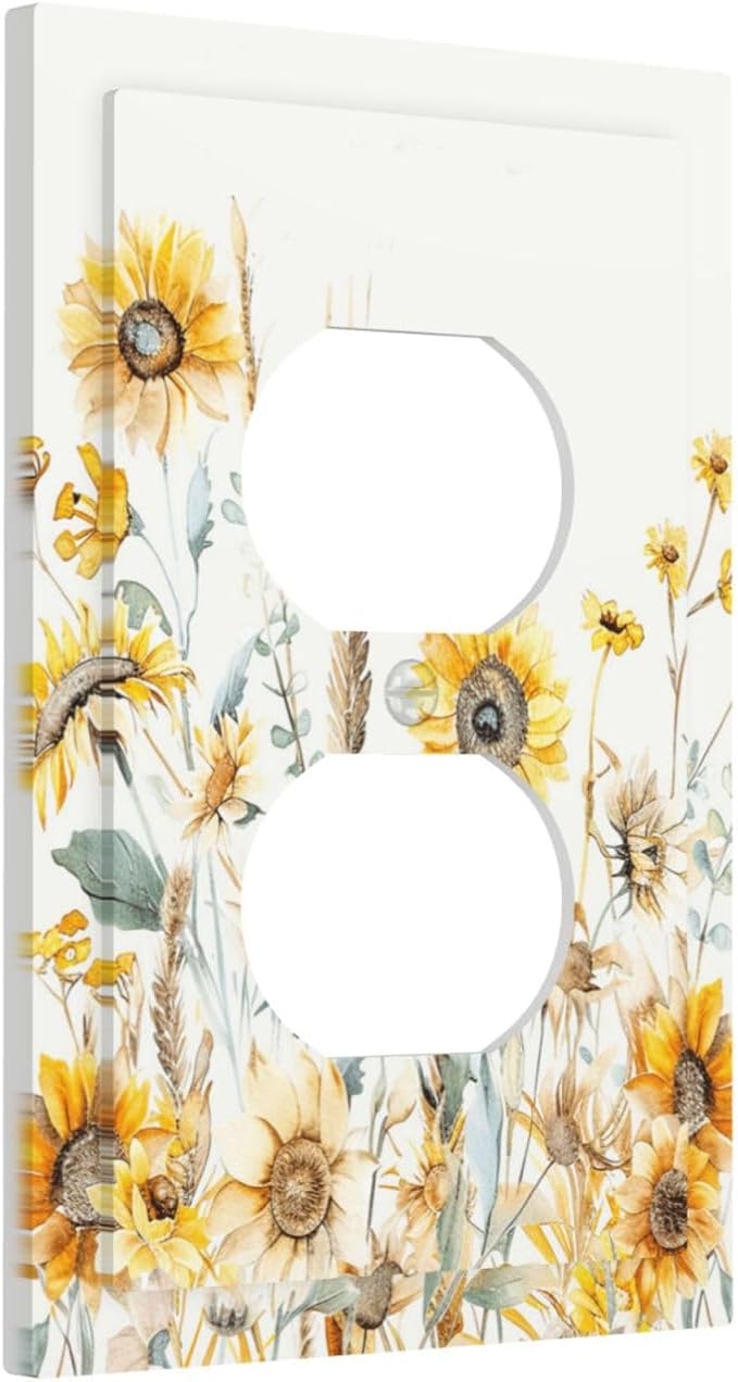 Yellow Floral Sunflowers Wheat Ears Watercolor Wild Flowers Outlet Covers 1 Gang Duplex Light Switch Cover Decorative Switch Plates Electrical Receptacle Faceplate Wall Plate for Bedroom Living Room