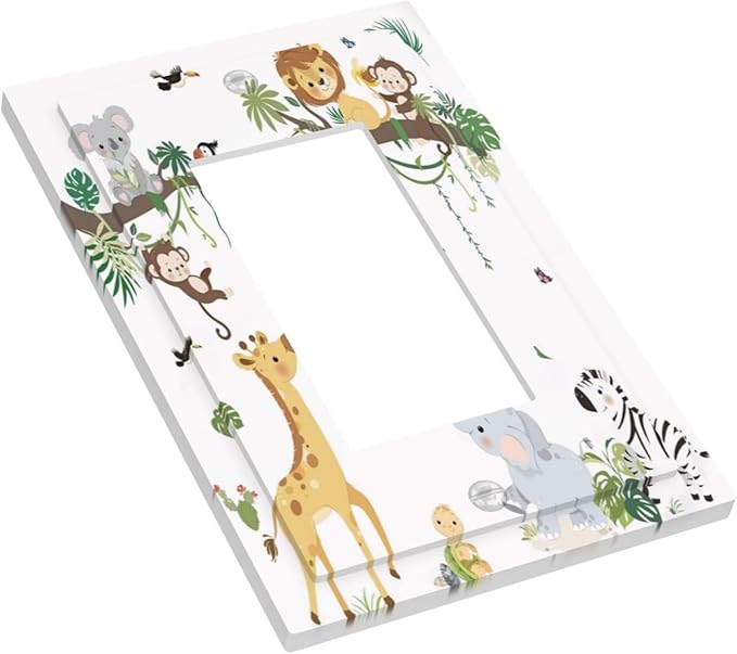 Jungle Animals Tree Branch Monkey Giraffe Lion Elephant Decorative Outlet Covers 1 Gang Single Rocker Light Switch Cover Plate Wall Plates GFCI Faceplate for Kids Room Nursery Decor