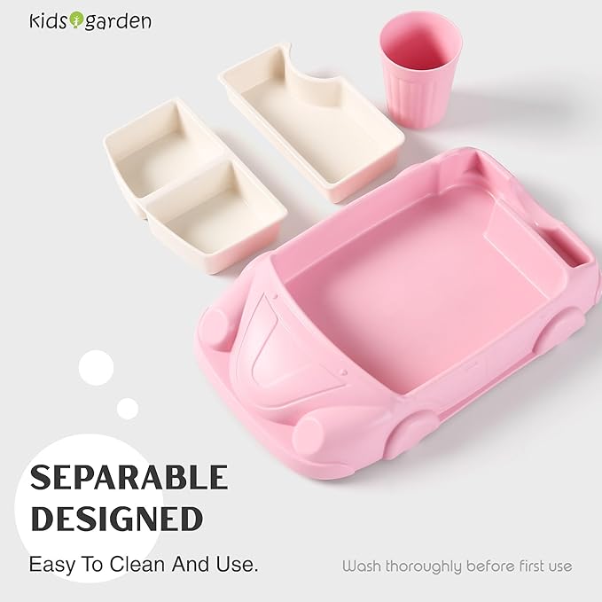 Kids garden Car Plate 8Pcs/Set Bamboo Children Dinnerware Sets - Dishwasher/Microwave Safe Includes Cutlery, Beautiful Plate, Separable Bowls & Cup Happy MealTime, Pink