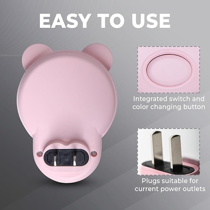 SATONA Cute Bear Night Light Plug - RGB + Soft White 3000K, Dusk to Dawn Nursery Night Light for Kids, Ideal Christmas & Birthday Gifts, Room Decor for Children (Pink)