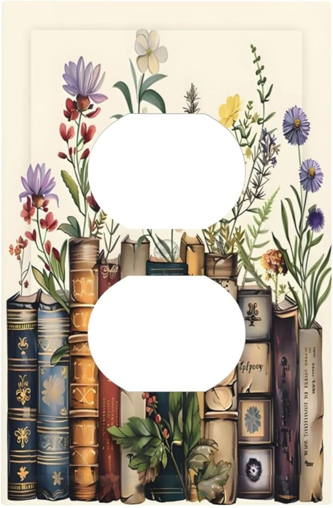 Plant Floral Books Colorful Flower Outlet Covers 1 Gang Duplex Light Switch Cover Decorative Switch Plates Electrical Receptacle Faceplate Wall Plate for Kids Room Bedroom Decor