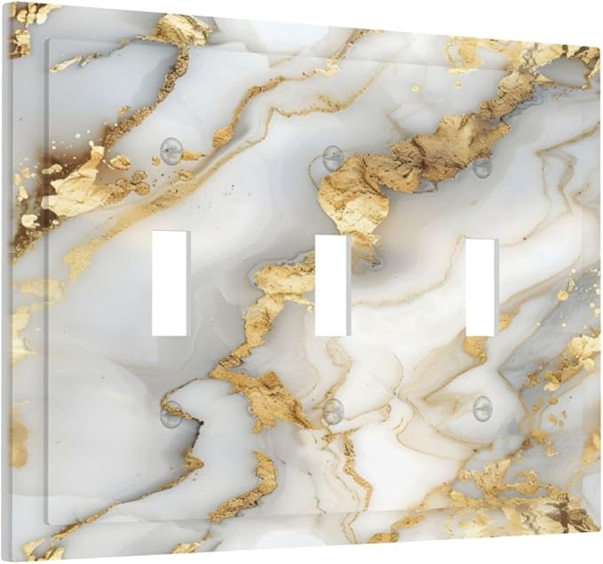 Luxurious White Gold Marble Patterns Abstract Decorative Switch Plates 3 Gang Wall Plate Triple Toggle Light Switch Cover Faceplate Electrical Wall Panels for Bathroom Kitchen Decor