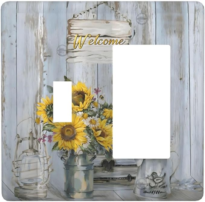 Rustic Sunflower Floral Vintage Wood Board Outlet Covers 1 Toggle 1 Rocker Combination Decorative Wall Plate Electrical Switch Plates Light Switch Cover Plate for Farmhouse Home Decor
