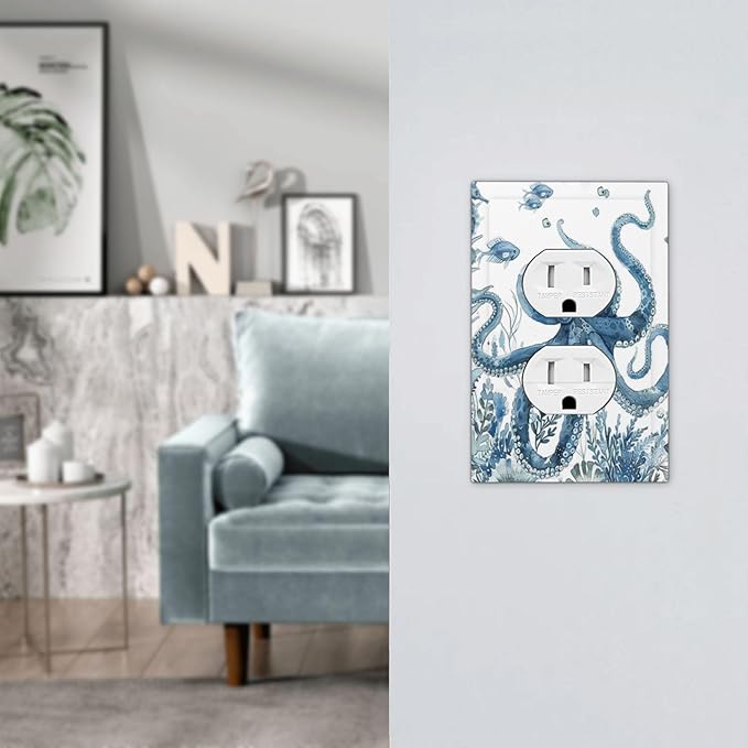 Blue Octopus Squid Seahorse Coral Watercolor Wild Sealife Outlet Covers 1 Gang Duplex Light Switch Cover Decorative Switch Plates Electrical Receptacle Faceplate Wall Plate for Bathroom Kids Room