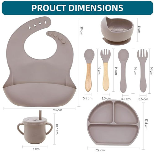 100% Silicone Baby Feeding Set, BPA Free, 9 Pcs: Suction Bowl, Divided Plate, Toddler Self Feeding Dish Set with Spoons, Forks, Sippy Cup, Bib, Beige