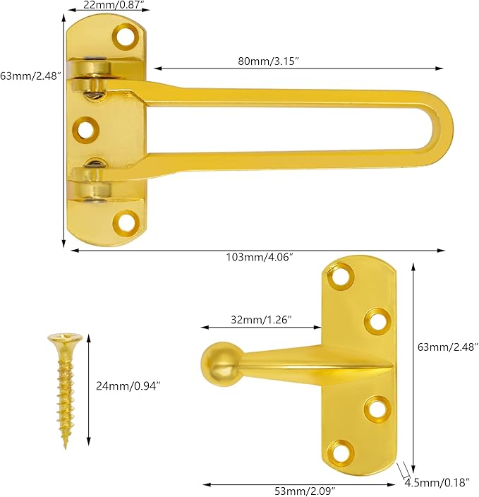 Topbuti Home Security Door Lock, 2 Pack Latch Guard Clasp Front Door Locks for Kids, Home Reinforcement Lock for Swing-in Doors, Hotel Door Latches, Thicken Solid Aluminium Alloy (Brass)