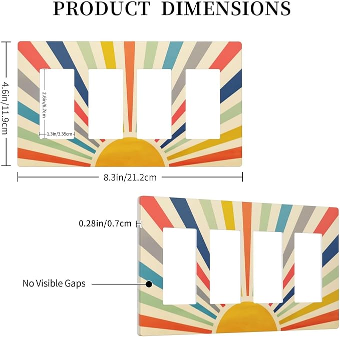 70s Hippie Bohemian Minimalist Aesthetics Art Mid Century Boho Abstract Sun 4 Gang Quad Device Screwless Decorator GFCI/Rocker Wall Plate Light Switch Dimmer Receptacle Outlet Cover Standard Size