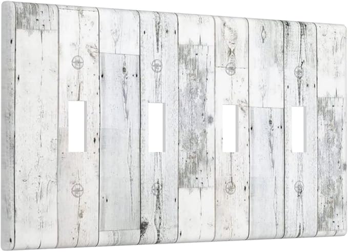 Grey White Wood 4 Gang Light Switch Cover Decorative Quad Toggle Wall Plate Decorative Electrical Faceplate for Kitchen Home Barn Farmhouse Decorate Large 8" x 4.5