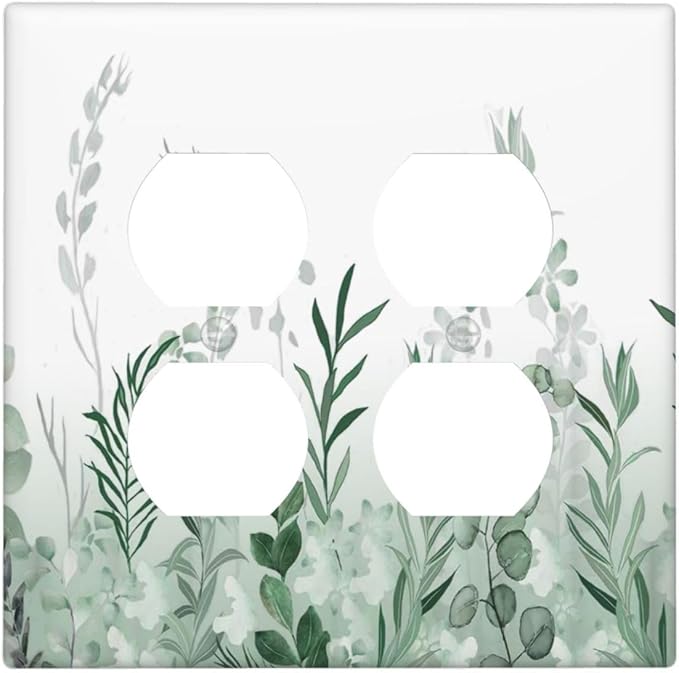 Watercolor Green Leaf Rustic Plant Eucalyptus Flowers Outlet Covers 2 Gang Double Duplex Decorative Light Switch Covers Electrical Wallplates Socket Faceplate for Bed Room Living Room Decor