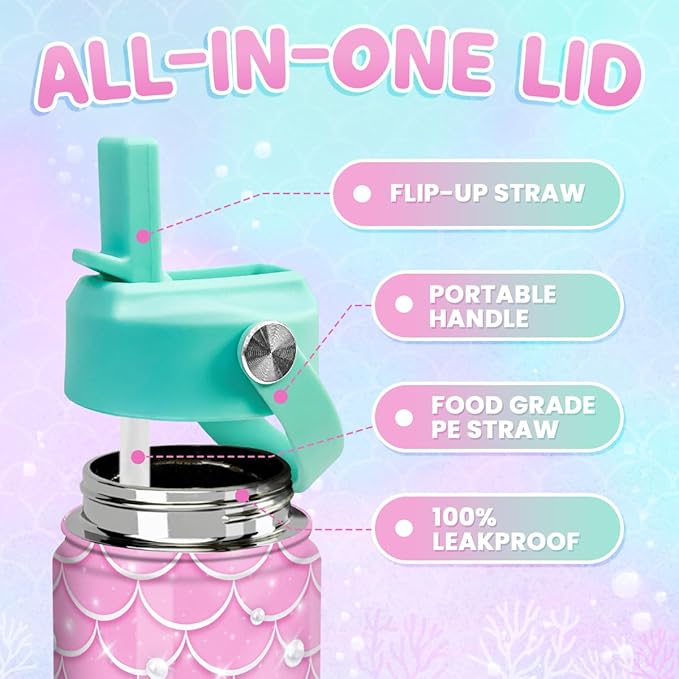 Mermaid Water Bottle - Kids Water Bottle with Straw Lid - 12 Oz Insulated Stainless Steel Water Bottles for Kid Girl - Travel Cup for School Sports