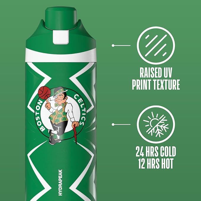 Hydrapeak x NBA Officially Licensed Boston Celtics Oasis 20 oz Insulated Kids Water Bottle, Stainless Steel Water Bottle Kids with Chug Lid, Push Button