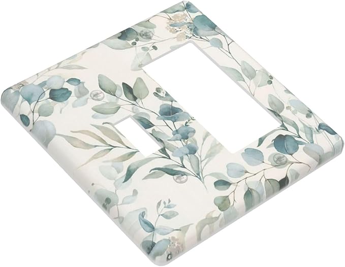 Boho Green White Eucalyptus Leaf Floral Outlet Covers 1 Toggle 1 Rocker Combination Decorative Wall Plate Electrical Switch Plates Light Switch Cover Plate for Farmhouse Living Room Decor