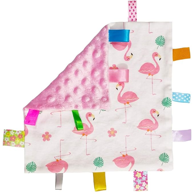Soft Baby Security Blankets for Girls with Textured Ribbon Tags Baby Soothing Towel Lovey Taggy Sensory Blanket for Newborn Infant Toddler Gift Pink