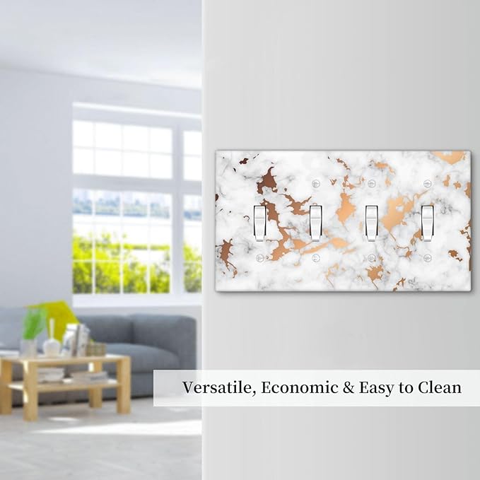 Lexury White Red Golden Marble 4 Gang Device Light Switch Cover Decorative Quad Toggle Wall Plate Decorative Electrical Faceplate for Home Bedroom Art Decorate