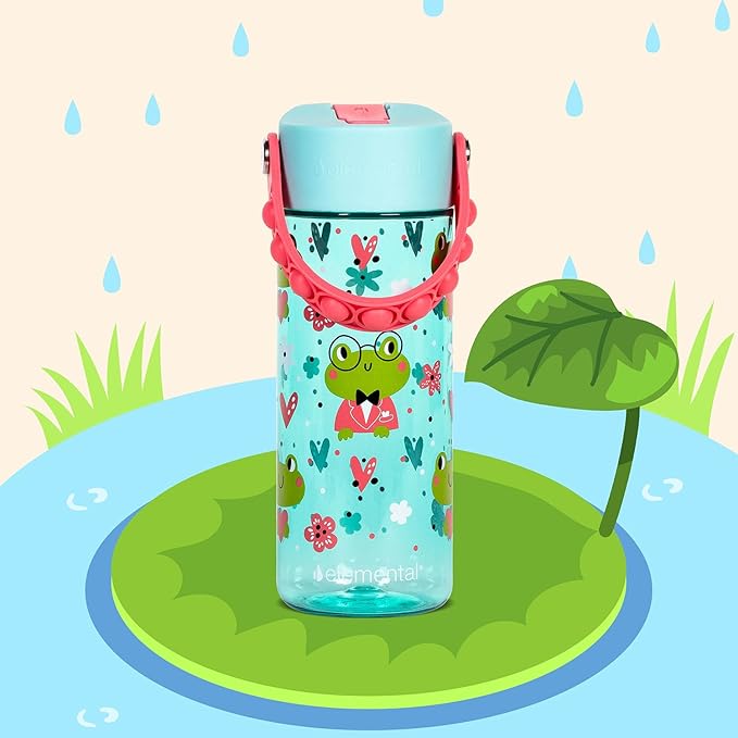 Elemental Water Bottles for Kids - Splash Kids Water Bottle for School with Pop-it Handle - BPA Free Tritan Plastic Water Bottle with Straw Leak Proof when Spout is Closed - Fancy Frog - 18oz