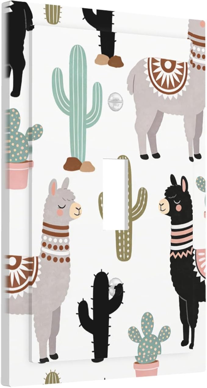 Cute Llama & Cactus Desert 1-Gang Toggle Light Switch Plate, Bohemian Desert Animals Decorative Wall Plate for Boys & Girls Bedroom Playroom