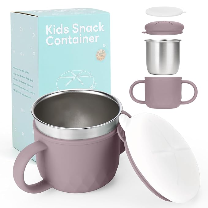 Toddler Snack Containers Stainless Steel Spill-Proof Snack Containers for Toddlers with Spill-Proof Silicone Lids and Handles 4-in-1 Baby Snack Cup is Dishwasher Safe for Easy use On The Go（Purple）