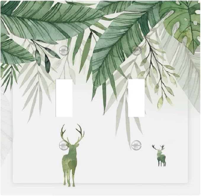 Deer Banana Leaves Palm Trees Green Plants Decorative Switch Plates 2 Gang Double Toggle Outlet Light Switch Cover Wall Plate Electrical Faceplate for Bed Room Living Room Decor