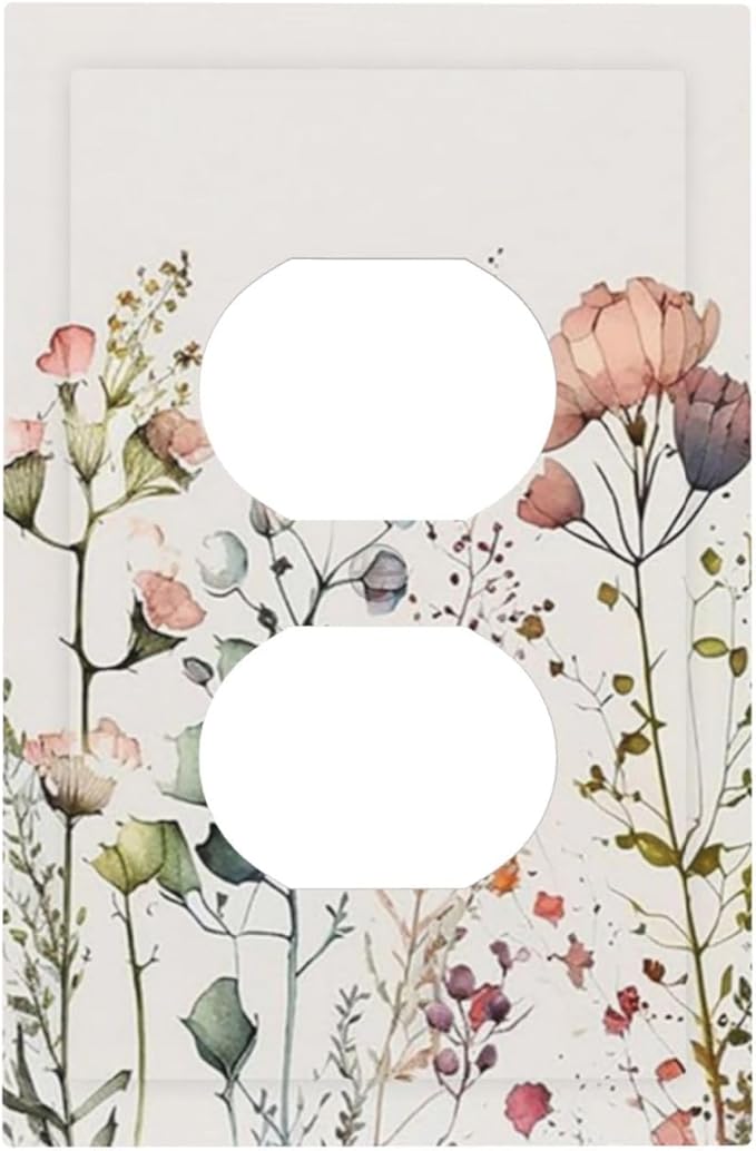 Tan/Beige/Blue Boho Wild Flower Blossom 1 Gang Duplex Outlet Covers Watercolor Colorful Floral Wildflower Decorative Single Device One Gang Electric Receptacle Face Switch Wall Plate Bedroom Decorate