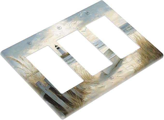 Sea Beach3 Gang Rocker Outlet Covers Triple Rocker Light Switch Cover Old Ship Reed Lighthouse Seascape Switchplates Wall Plate Decorative Faceplate for Bedroom Kitchen Home Decor