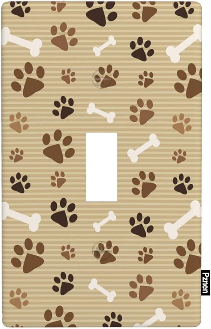 Paw Print Brown Light Switch Cover Dog Bone and Paw Cute Single Toggle Wall Plate 1 Gang Switchplate Home Decor for Bedroom Bathroom 4.5"x 2.76"