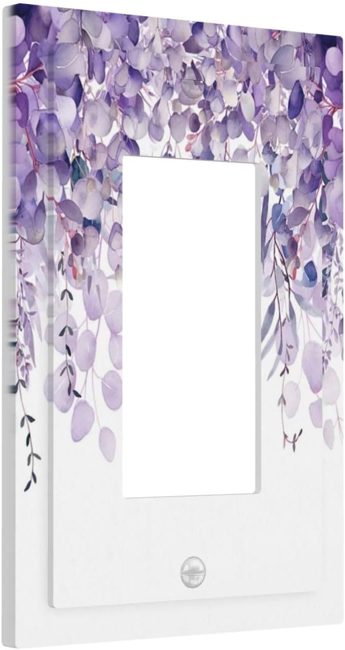 Purple Plants Leaves Eucalyptus Vine Floral Flowers Decorative Outlet Covers 1 Gang Single Rocker Light Switch Cover Plate Wall Plates GFCI Faceplate for Bedroom Living Room Decor