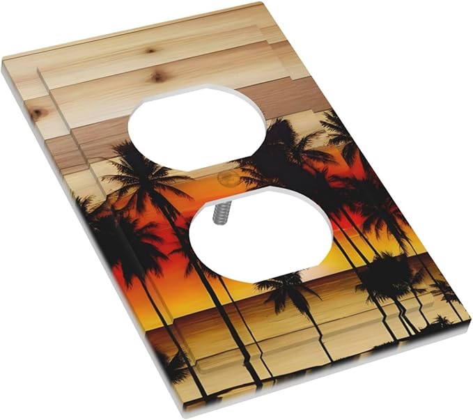 Sunset Beach Coconut Palm Tree Wooden Background Outlet Covers 1 Gang Duplex Light Switch Cover Decorative Switch Plates Electrical Receptacle Faceplate Wall Plate for Bedroom Living Room Decor