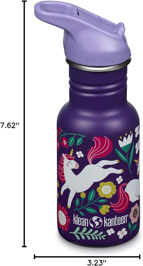 Klean Kanteen 12 oz Classic Kid's Water Bottle with Flip Seal Sport Cap & Straw - 100% Leakproof Cap - Durable Stainless Steel Material - Lightweight & Easy-Grip - BPA-Free - Leaping Unicorns
