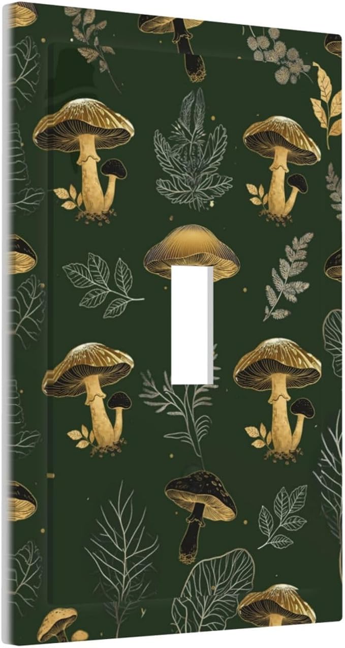 Decorative Light Switch Cover Plate Cute Gold Mushtroom Green Plant Leaf 1 Gang Single Toggle Wall Plates for Electrical Outlet Covers Switch Plate Covers Faceplate for Bedroom Decor