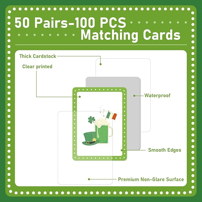 gisgfim 100 PCS Memory Matching Game St. Patrick's Day Concentration Memory Games Card for Kids Educational Ages 3-8 A Fun & Fast Shamrock Theme Matching Games