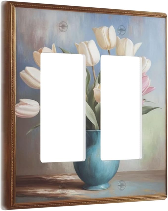 Decorative Art Light Switch Covers Tulips In Vase 2 Gang Dual Rocker Outlet Switch plate Faceplate GFCI for Home Decor