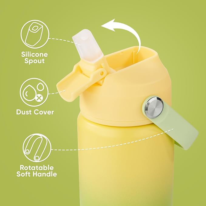 Fijinhom 12 oz Water Bottle, Kids Water Bottles for School, Toddler Cup with Straw & Handle, 304 Stainless Steel Insulated Water Bottle, Non-slip Silicone Base, BPA Free, Gradient Yellow