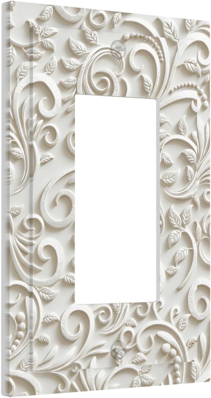 White Floral Vine 1-Gang Rocker Light Switch Plate, French Scroll Printed Pattern Decorative Wall Plate, Neutral Farmhouse Decor for Bedroom Bathroom Living Room